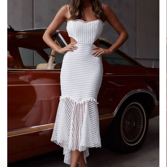 Selfie Leslie Zoey Lace Overlay Cut-Out Midi Dress White